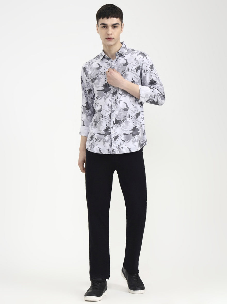 Light Grey Printed Slim Fit Casual Shirt | Greenfibre