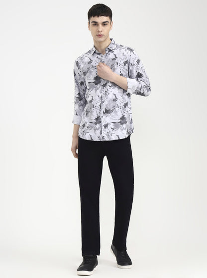 Light Grey Printed Slim Fit Casual Shirt | Greenfibre