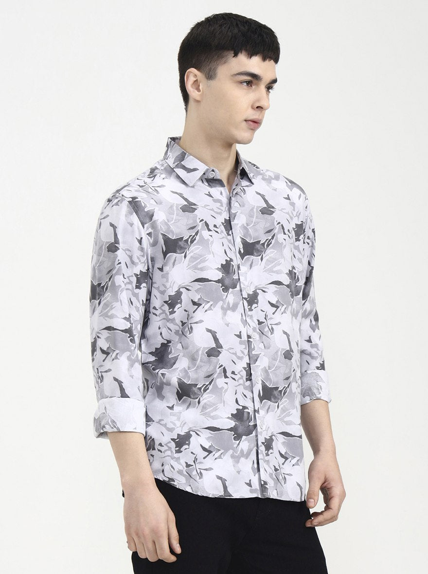 Light Grey Printed Slim Fit Casual Shirt | Greenfibre