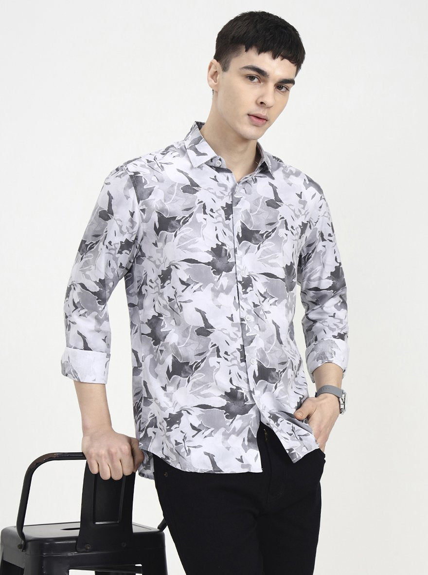 Light Grey Printed Slim Fit Casual Shirt | Greenfibre