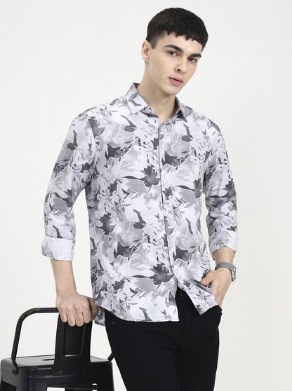 Light Grey Printed Slim Fit Casual Shirt | Greenfibre