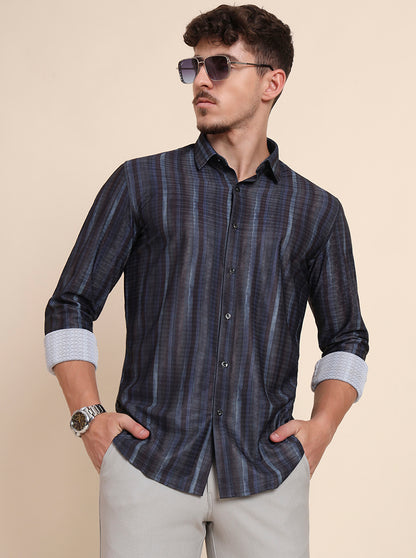 Blue Printed Slim Fit Party Wear Shirt | Wyre