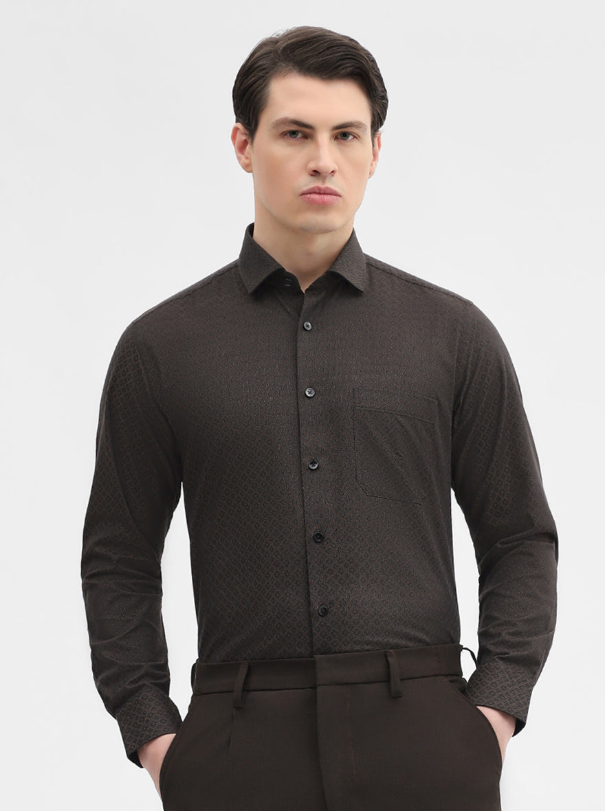 Brown Printed Slim Fit Formal Shirt | Metal