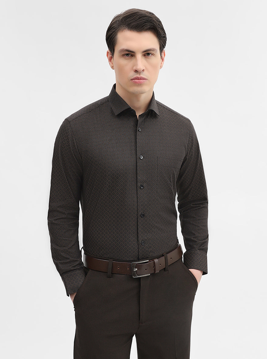 Brown Printed Slim Fit Formal Shirt | Metal