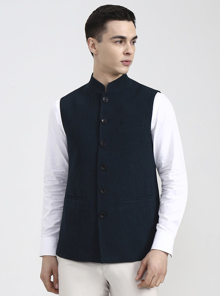 Teal & Blue Solid Regular Fit Modi Jacket | JadeBlue