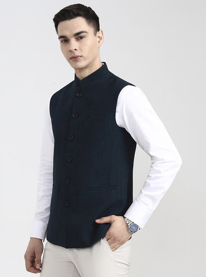 Teal & Blue Solid Regular Fit Modi Jacket | JadeBlue