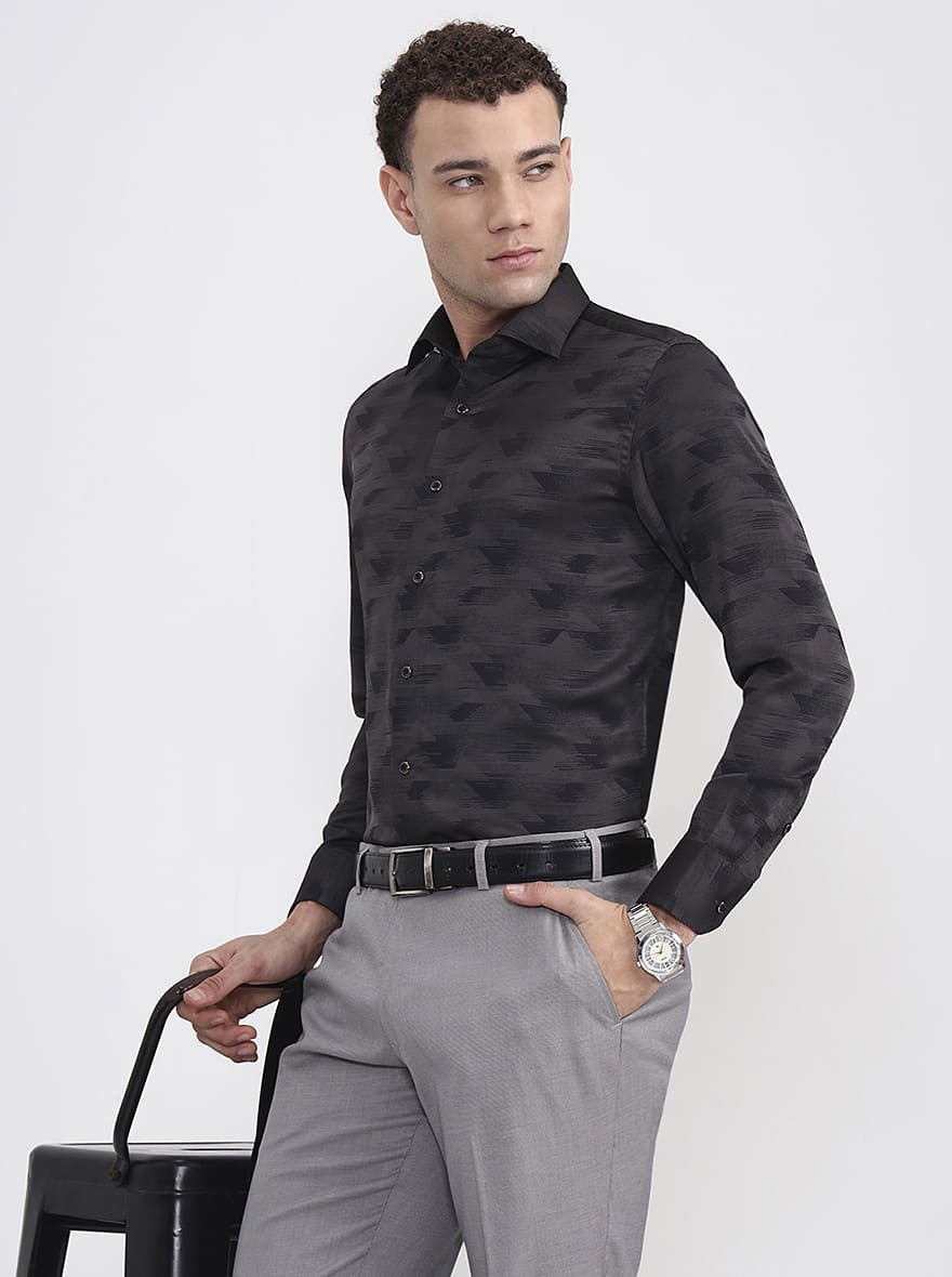 Grey Printed Slim Fit Formal Shirt | JadeBlue Super Luxe