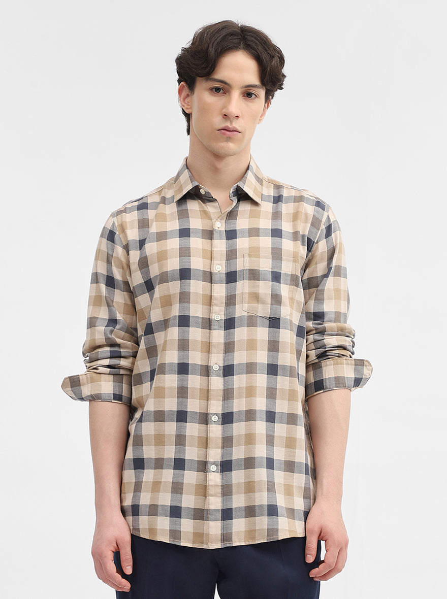 Beige Checked Slim Fit Casual Shirt | JadeBlue