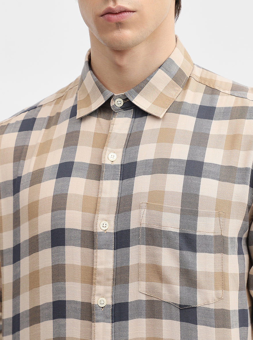 Beige Checked Slim Fit Casual Shirt | JadeBlue