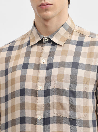 Beige Checked Slim Fit Casual Shirt | JadeBlue