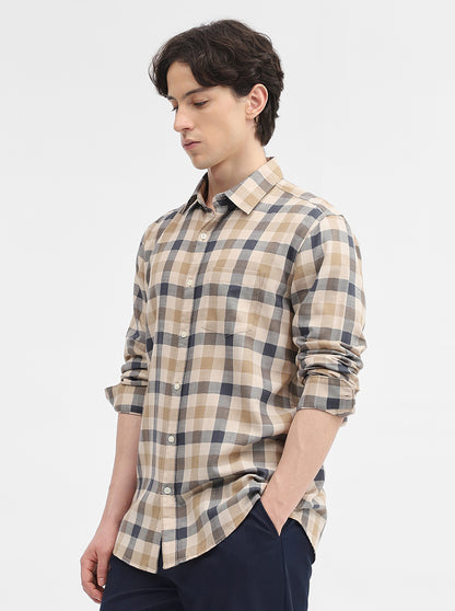 Beige Checked Slim Fit Casual Shirt | JadeBlue