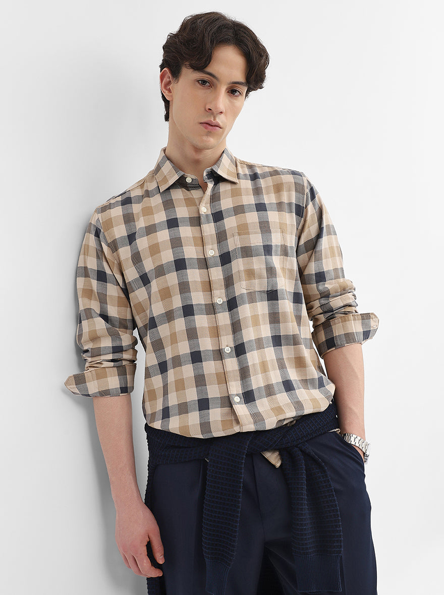 Beige Checked Slim Fit Casual Shirt | JadeBlue