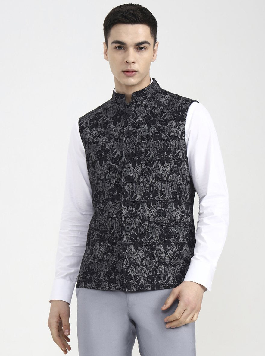 Black Printed Regular Fit Waistcoat | Wyre