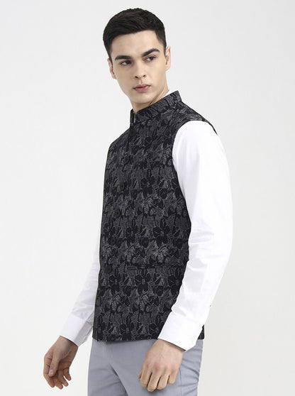 Black Printed Regular Fit Waistcoat | Wyre