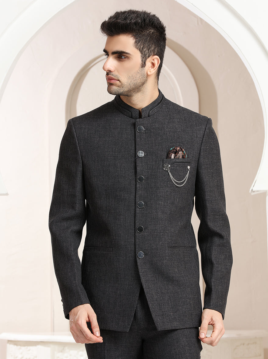 Grey Self Textured Jodhpuri Suit | JadeBlue