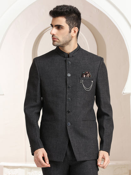 Grey Self Textured Jodhpuri Suit | JadeBlue
