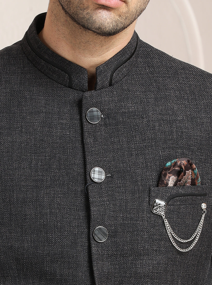 Grey Self Textured Jodhpuri Suit | JadeBlue