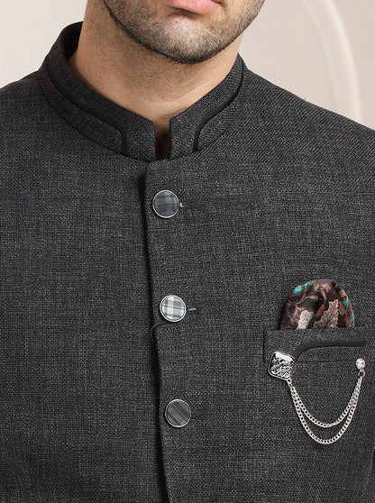 Grey Self Textured Jodhpuri Suit | JadeBlue