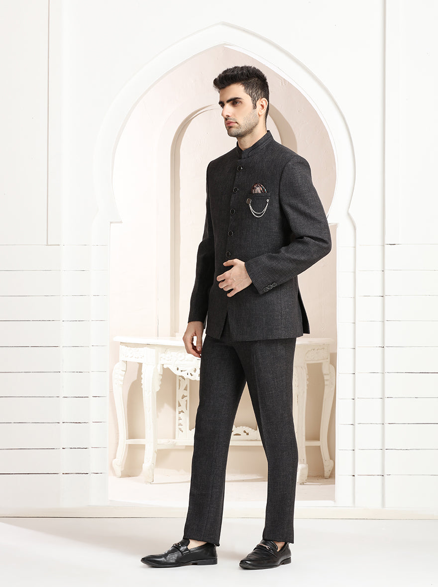 Grey Self Textured Jodhpuri Suit | JadeBlue