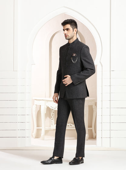 Grey Self Textured Jodhpuri Suit | JadeBlue