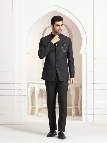 Grey Self Textured Jodhpuri Suit | JadeBlue