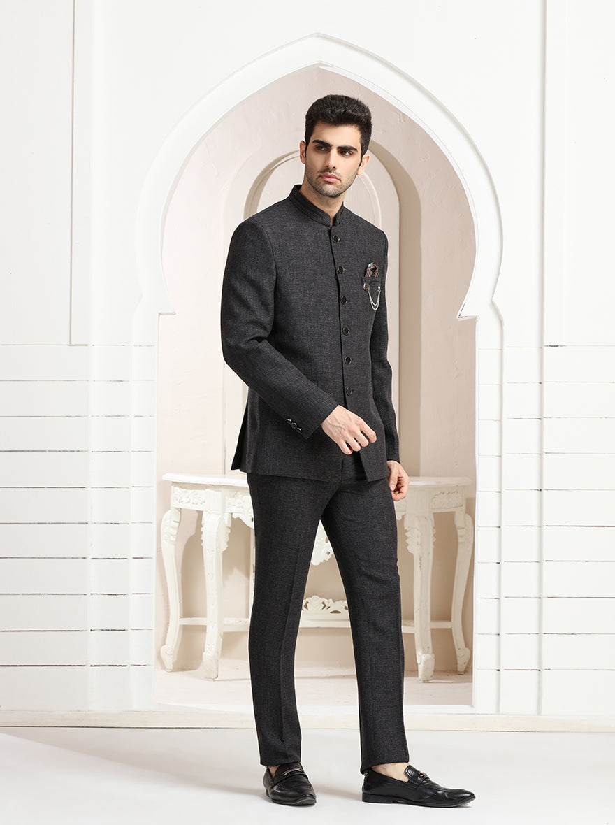 Grey Self Textured Jodhpuri Suit | JadeBlue