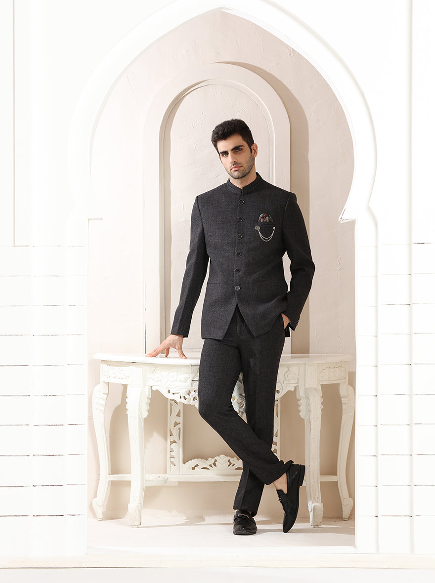 Grey Self Textured Jodhpuri Suit | JadeBlue