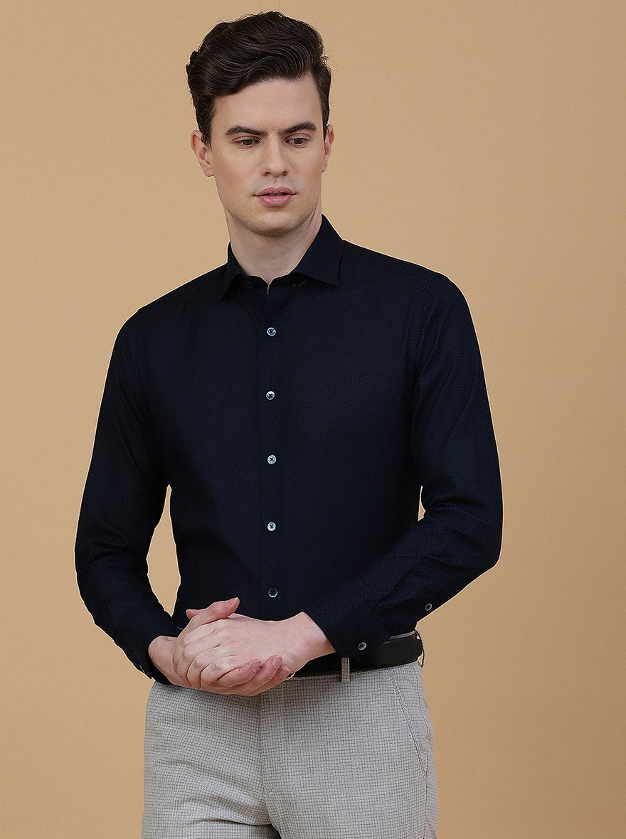 Navy Blue Solid Slim Fit Formal Shirt | Metal