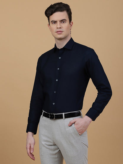 Navy Blue Solid Slim Fit Formal Shirt | Metal