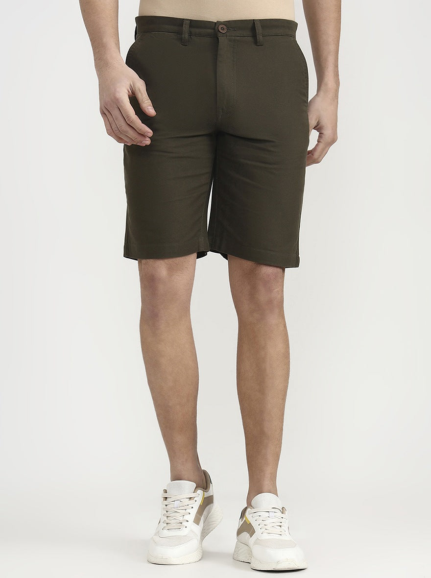 Olive Brown Solid Slim Fit Shorts | JadeBlue