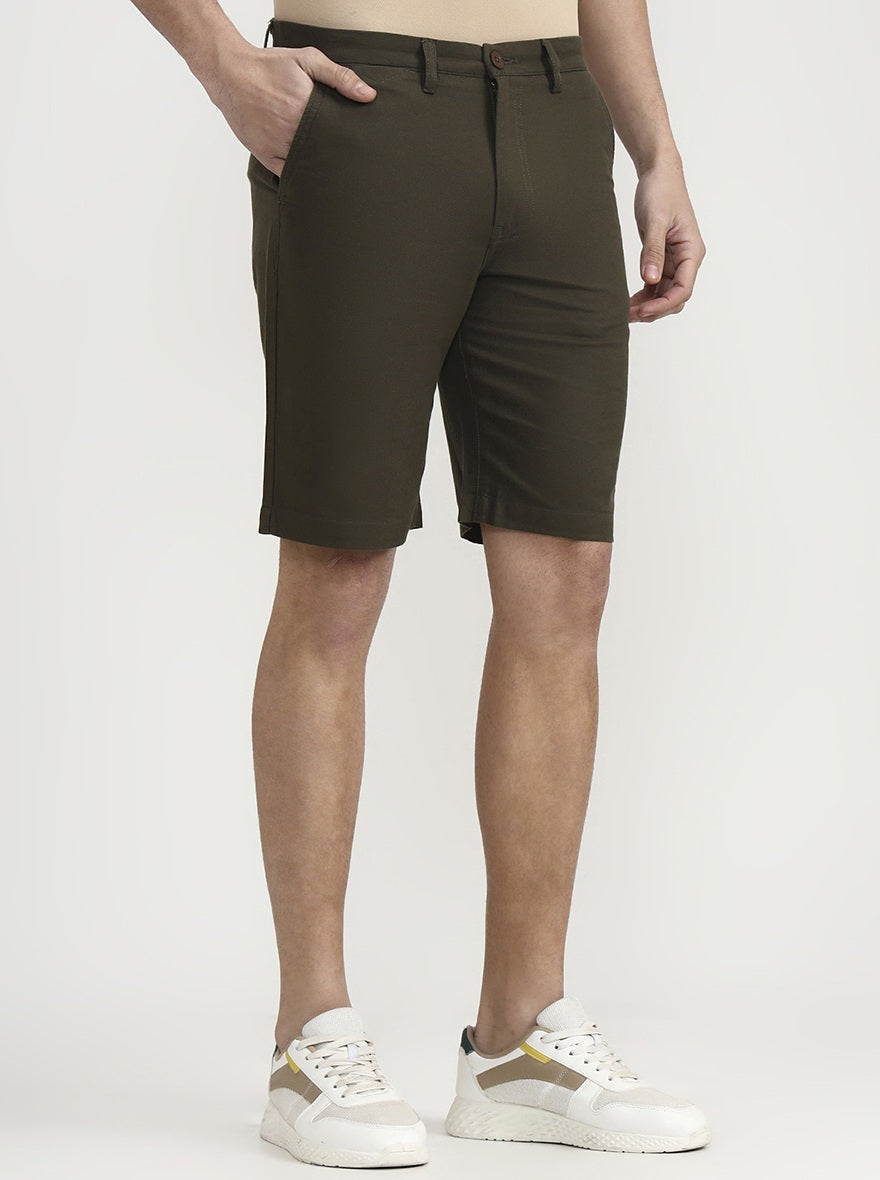 Olive Brown Solid Slim Fit Shorts | JadeBlue