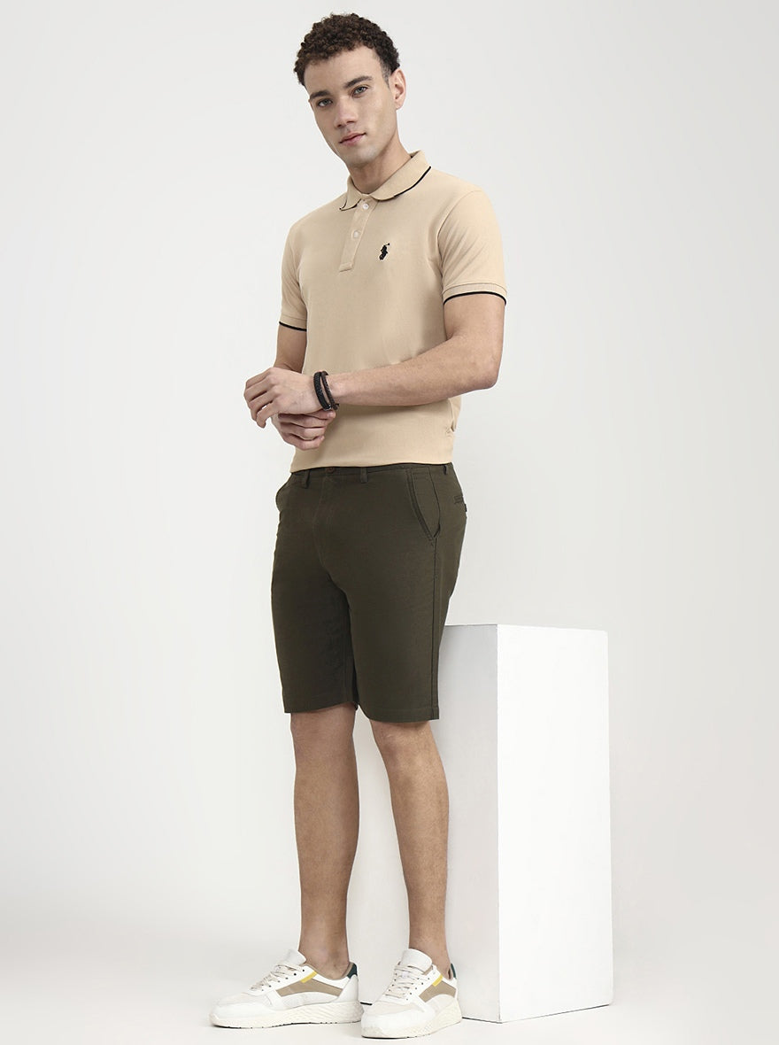 Olive Brown Solid Slim Fit Shorts | JadeBlue
