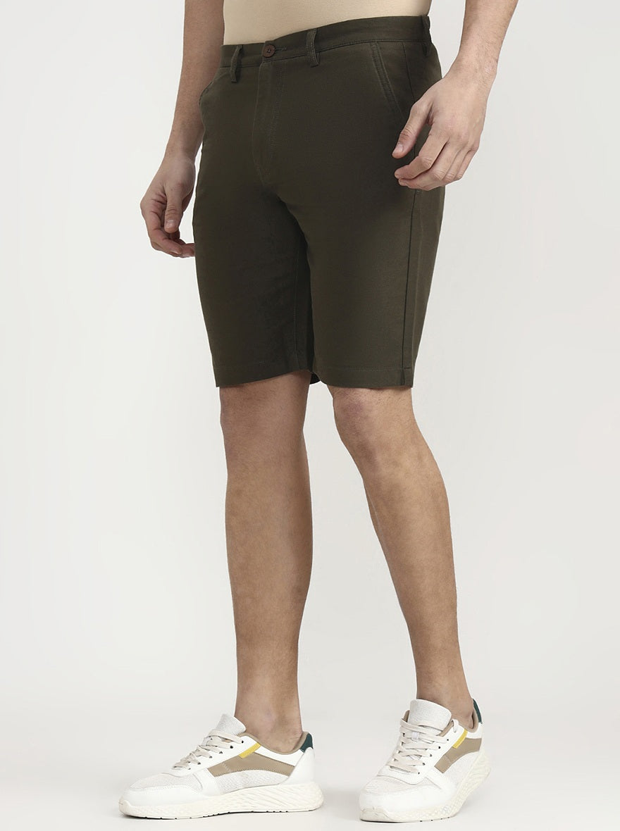 Olive Brown Solid Slim Fit Shorts | JadeBlue