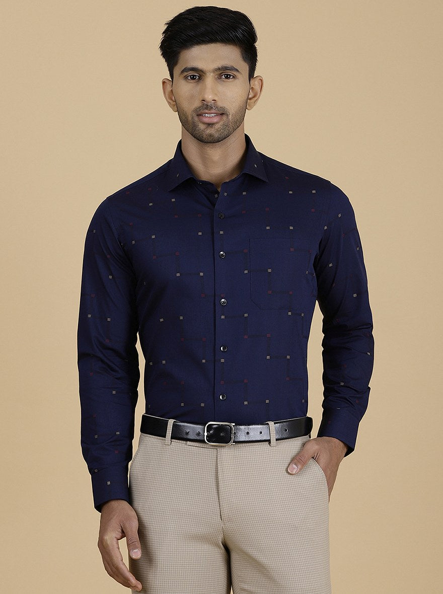 Navy Blue Printed Slim Fit Formal Shirt | Metal