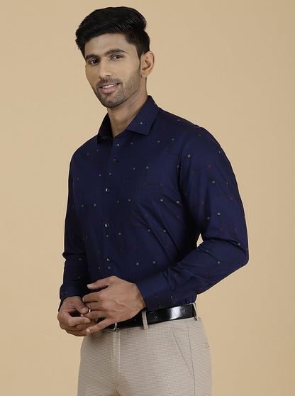 Navy Blue Printed Slim Fit Formal Shirt | Metal