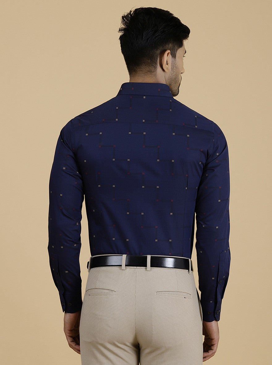 Navy Blue Printed Slim Fit Formal Shirt | Metal