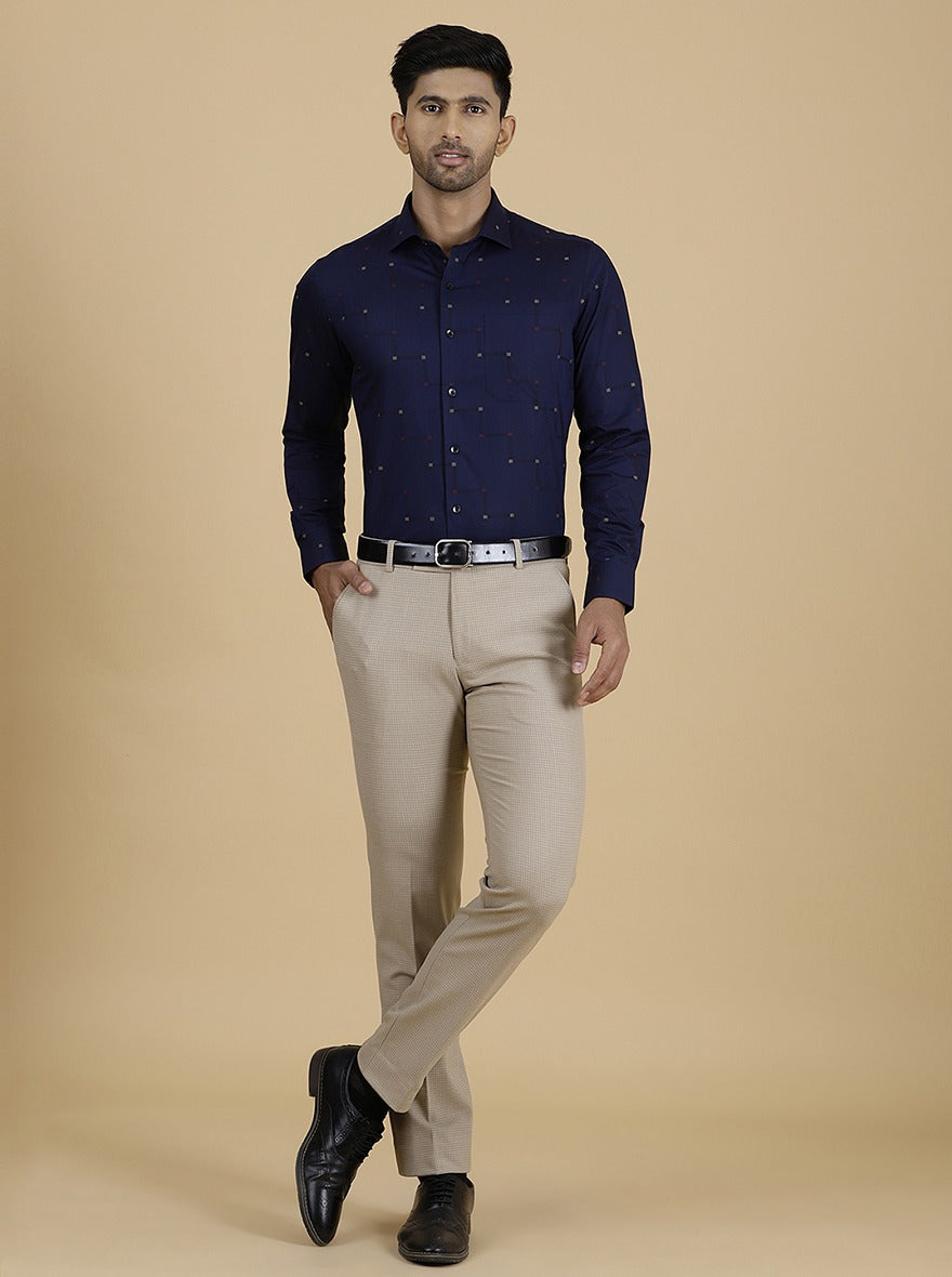 Navy Blue Printed Slim Fit Formal Shirt | Metal