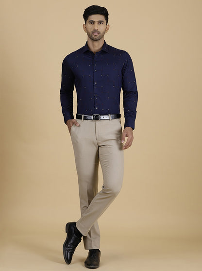 Navy Blue Printed Slim Fit Formal Shirt | Metal