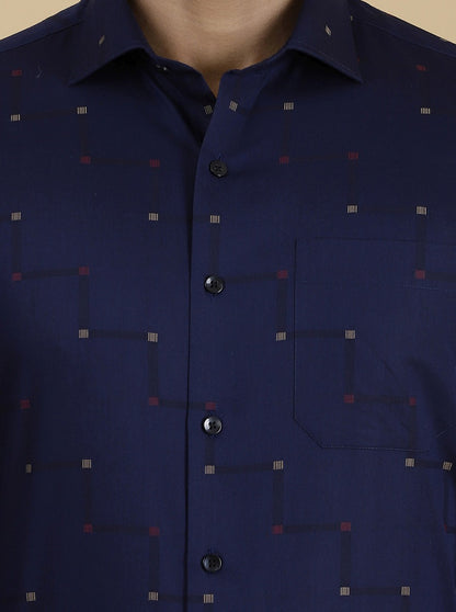 Navy Blue Printed Slim Fit Formal Shirt | Metal