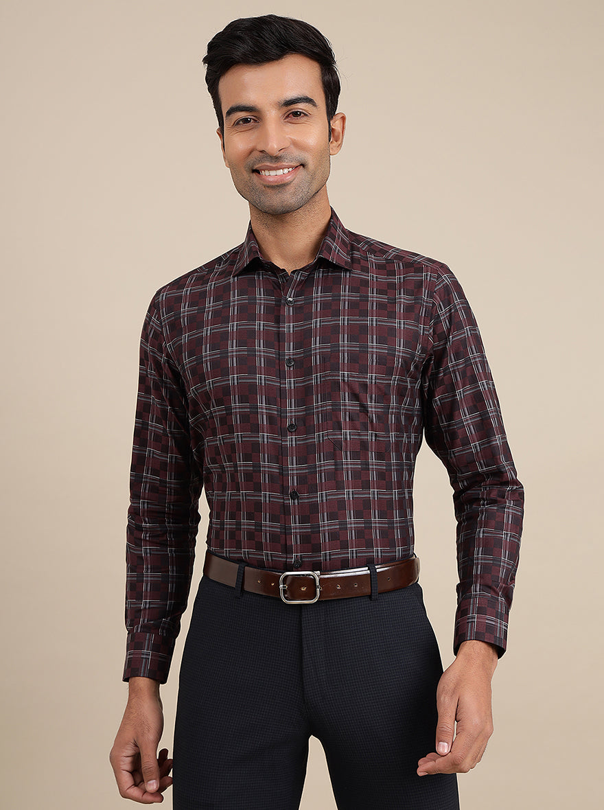Maroon Checked Slim Fit Formal Shirt | Metal