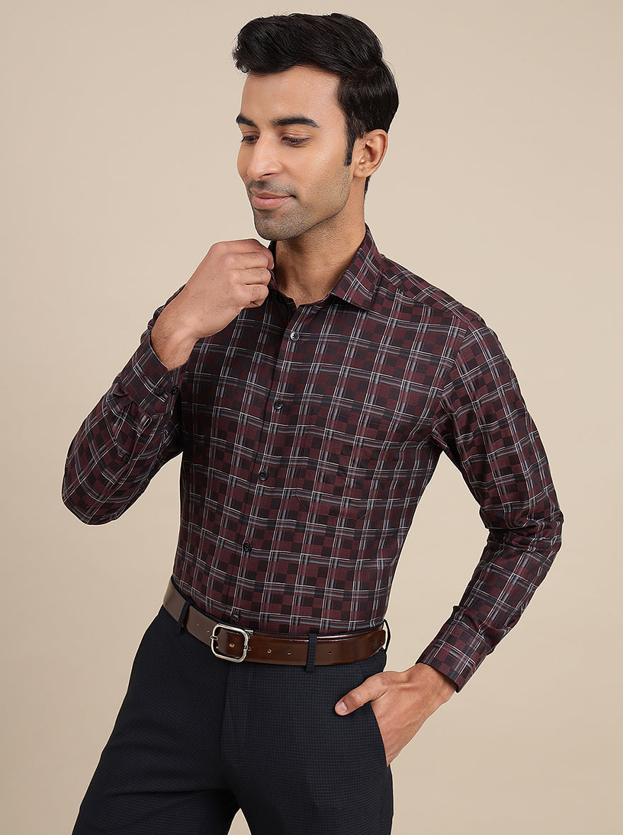 Maroon Checked Slim Fit Formal Shirt | Metal
