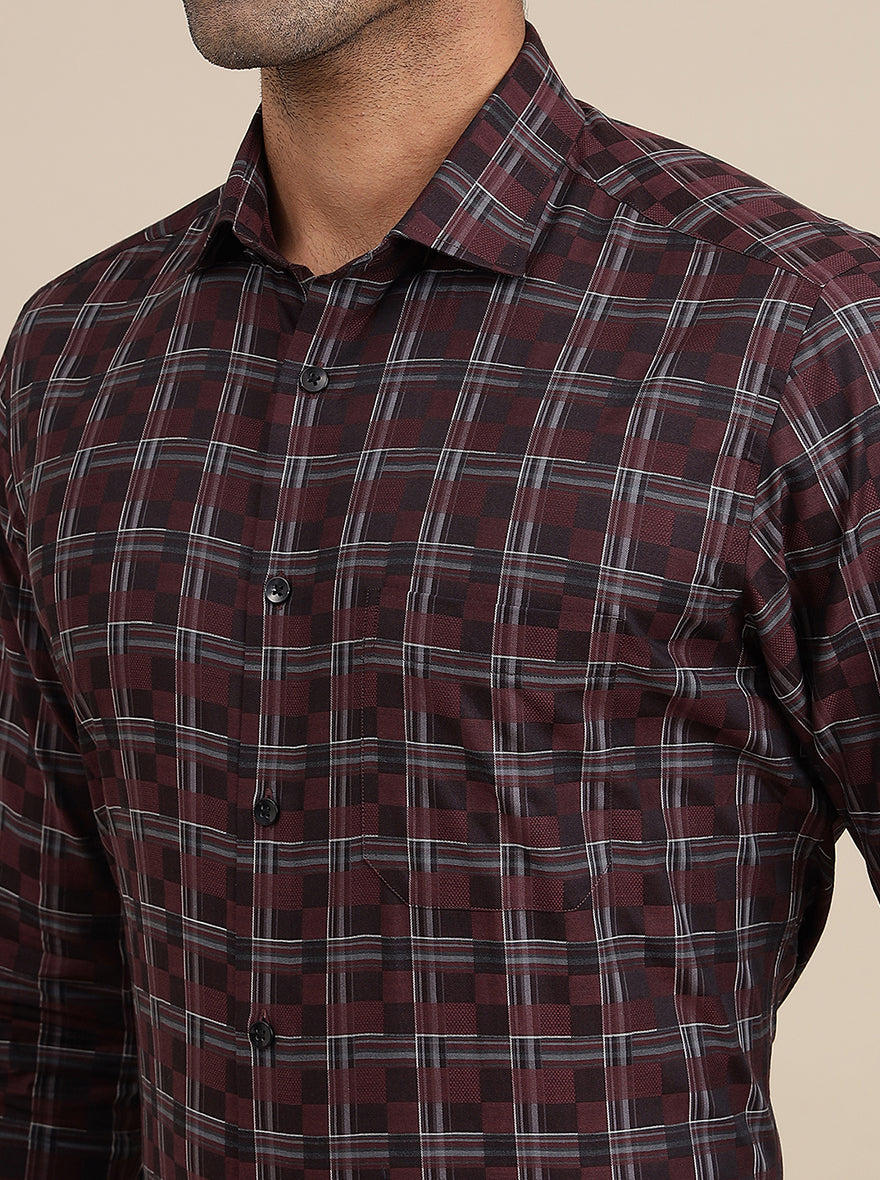Maroon Checked Slim Fit Formal Shirt | Metal