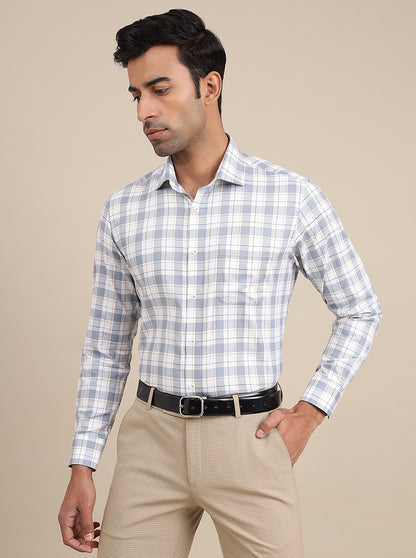 Light Blue Checked Slim Fit Formal Shirt | Metal