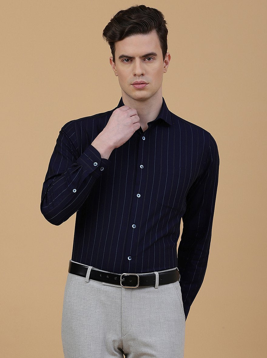 Navy Blue Striped Slim Fit Formal Shirt | Metal