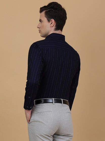 Navy Blue Striped Slim Fit Formal Shirt | Metal