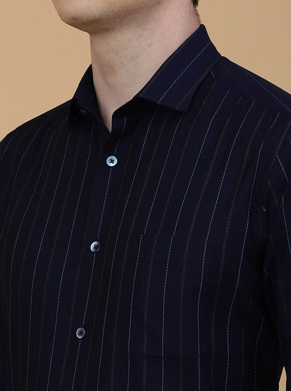 Navy Blue Striped Slim Fit Formal Shirt | Metal