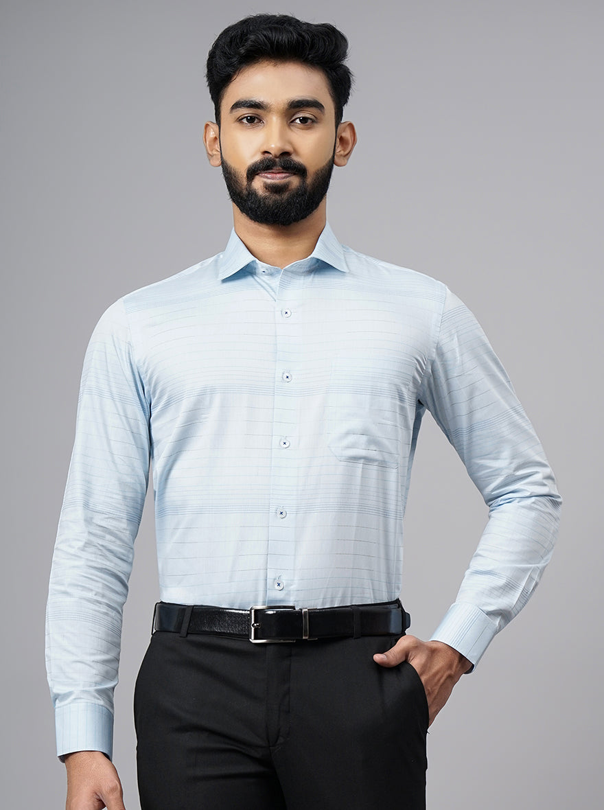 Light Blue Striped Slim Fit Formal Shirt | Metal