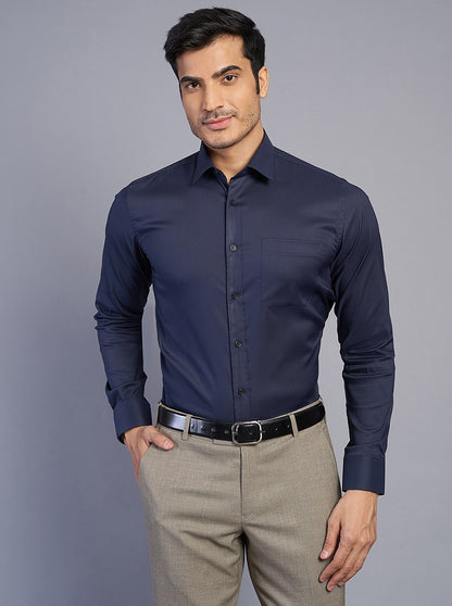 Navy Blue Solid Slim Fit Formal Shirt | JadeBlue Youth