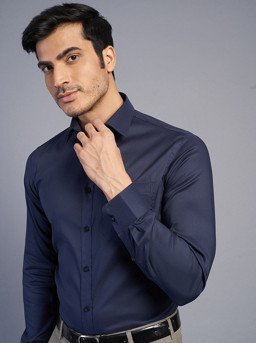 Navy Blue Solid Slim Fit Formal Shirt | JadeBlue Youth