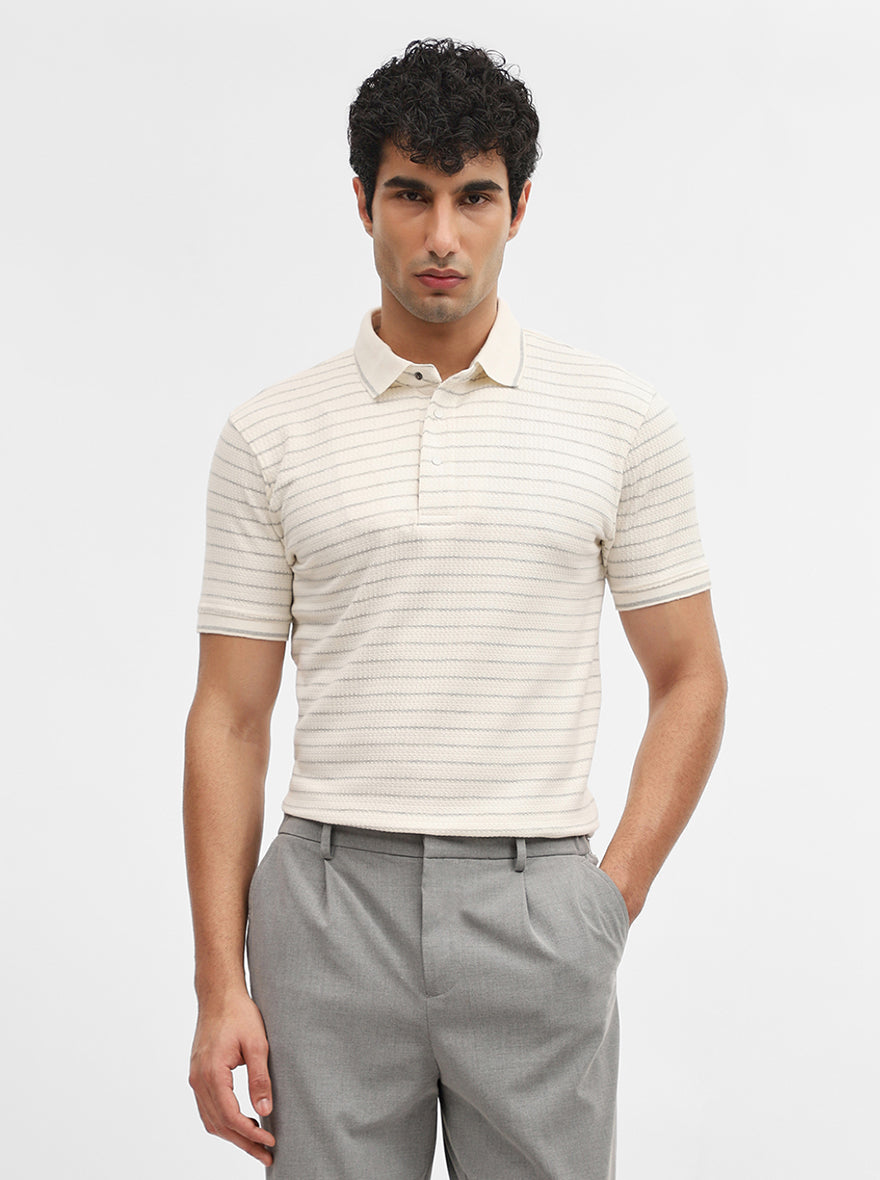 Butter Grey Striped Slim Fit Polo T-Shirt | JadeBlue